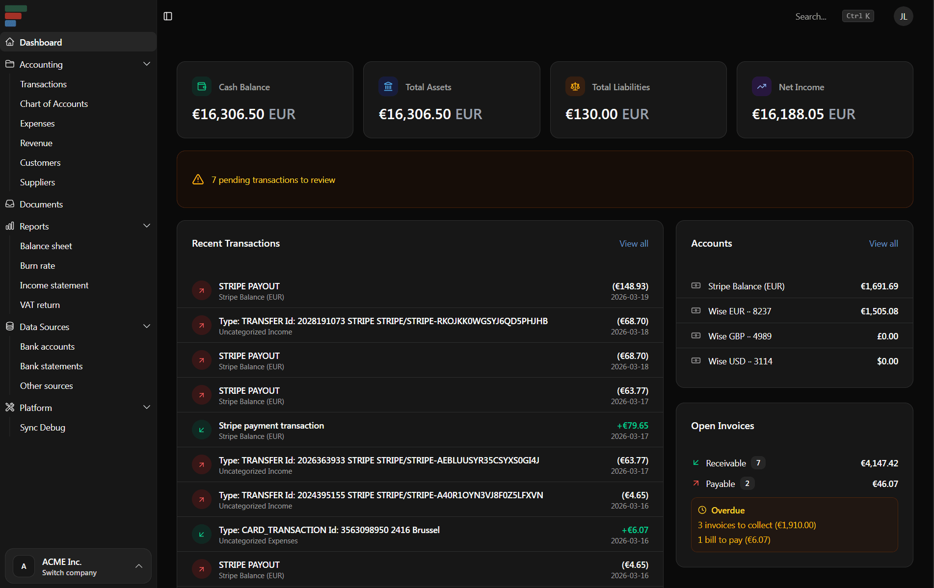 Financica transaction dashboard
