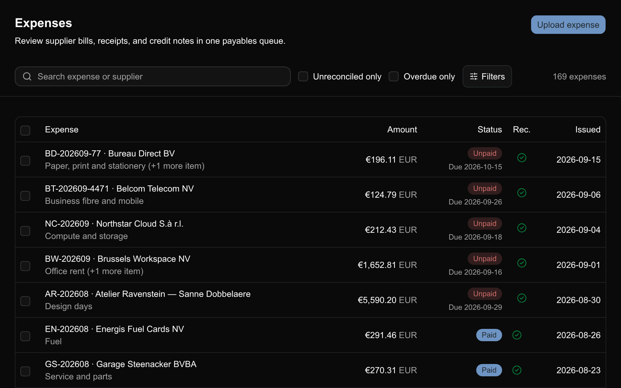 Supplier invoices in Financica, each matched to its bank payment
