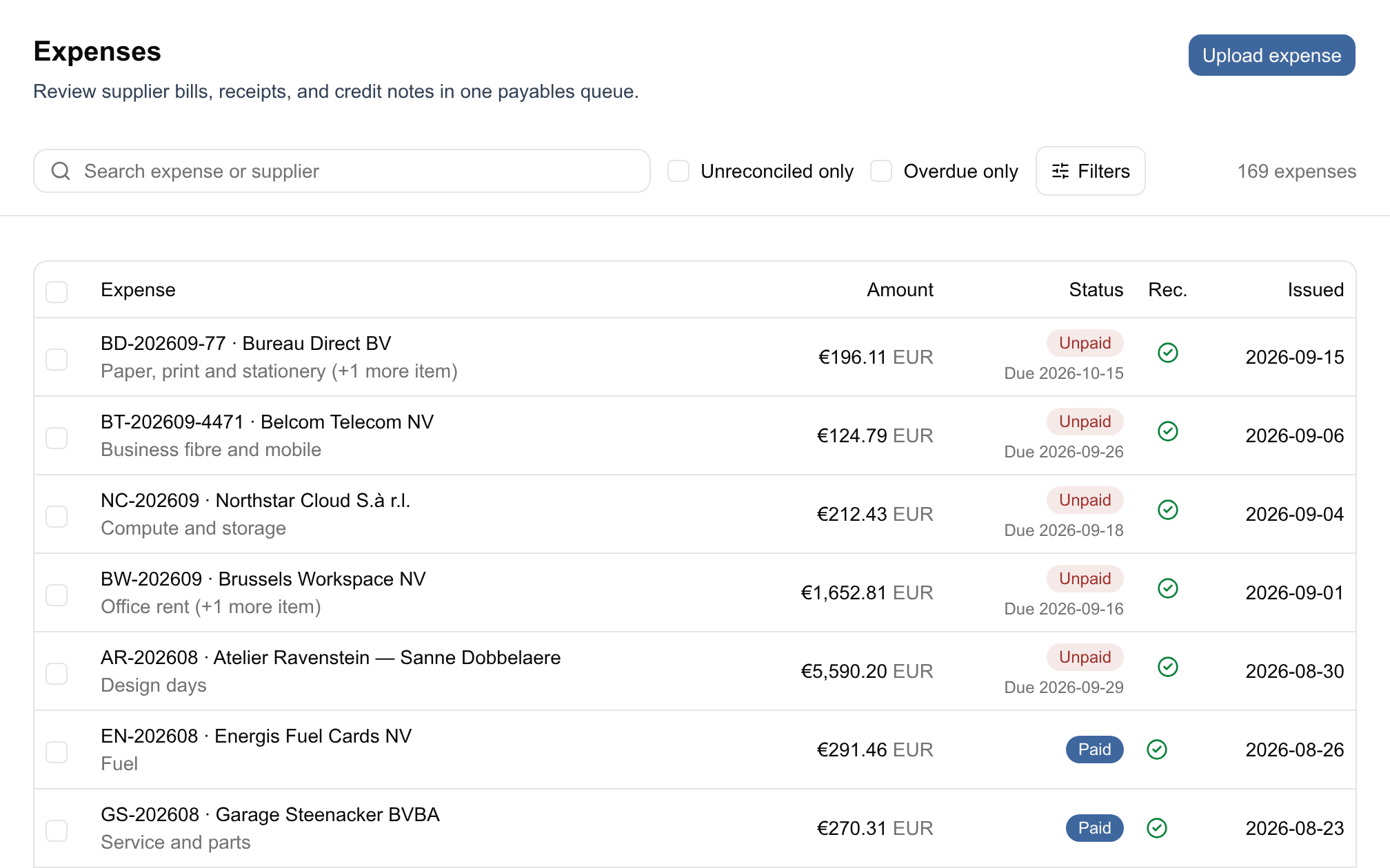 Supplier invoices in Financica, each matched to its bank payment