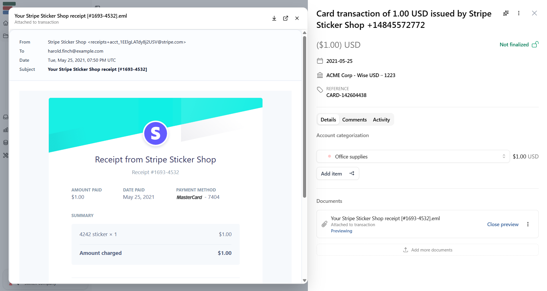 EML file preview on a transaction
